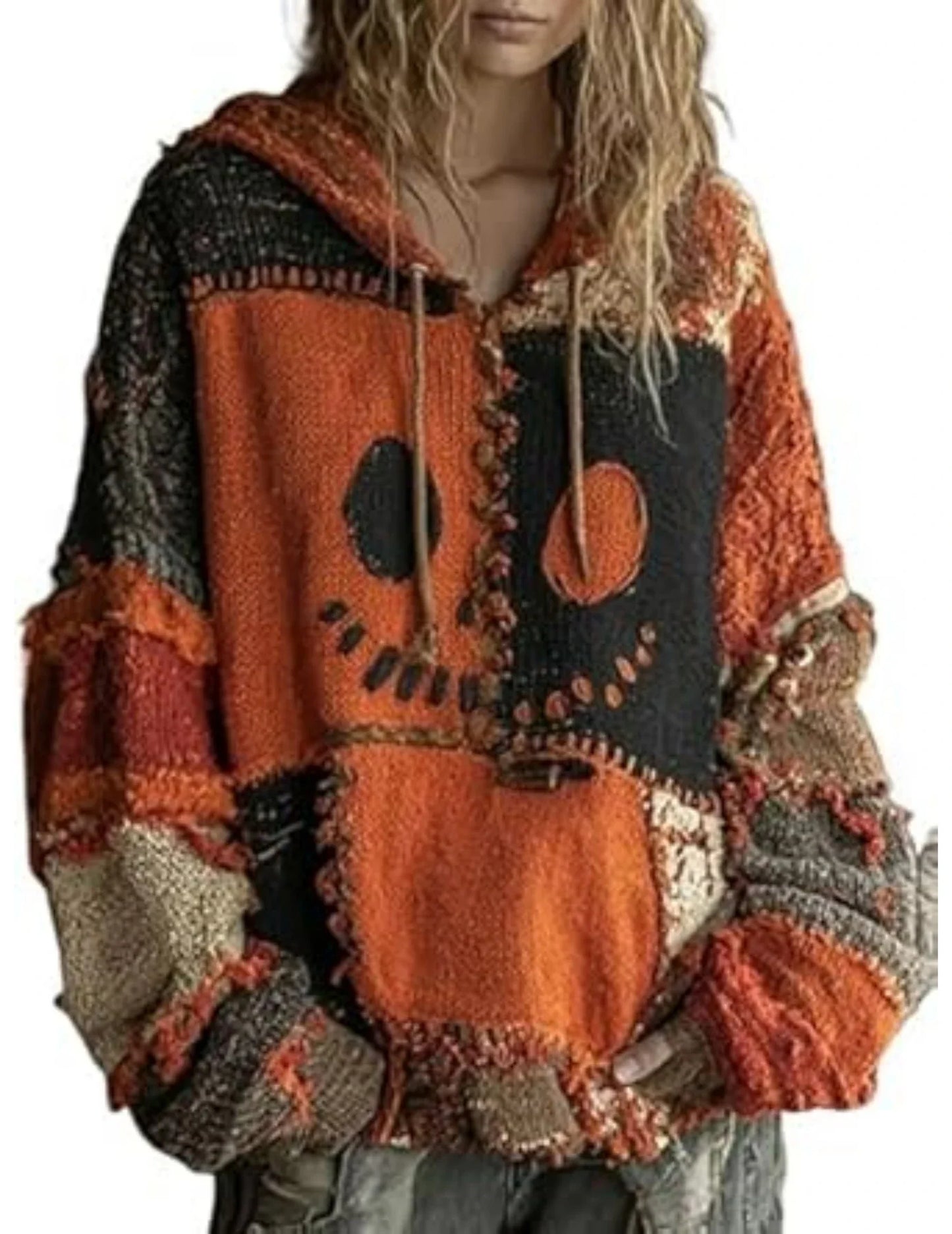 Halloween Spooky Face Hoodie – Printed Patchwork Sweatshirt with Pumpkin & Ghost Design, Warm Loose Fit Pullover for Autumn Parties