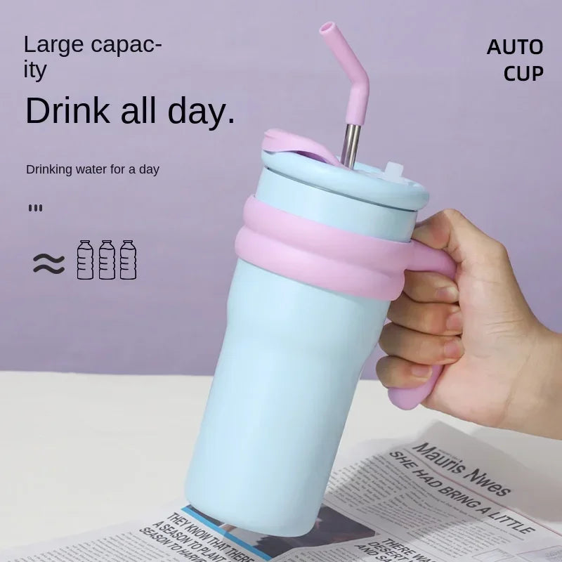 New summer minimalist double-layer anti drop handle cup stainless steel cartoon car cup portable dual drink thermos cup