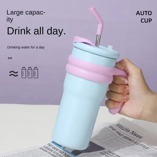New summer minimalist double-layer anti drop handle cup stainless steel cartoon car cup portable dual drink thermos cup