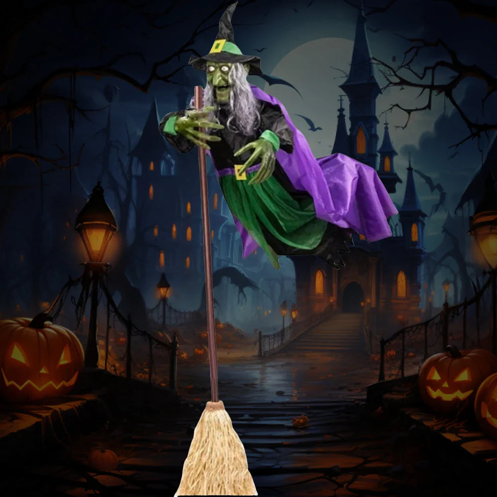 Halloween Flying Witch on Broom – 6ft -180 CM Animated Outdoor Witch Decoration with Luminous Eyes, Hovering Effect, Weatherproof Design