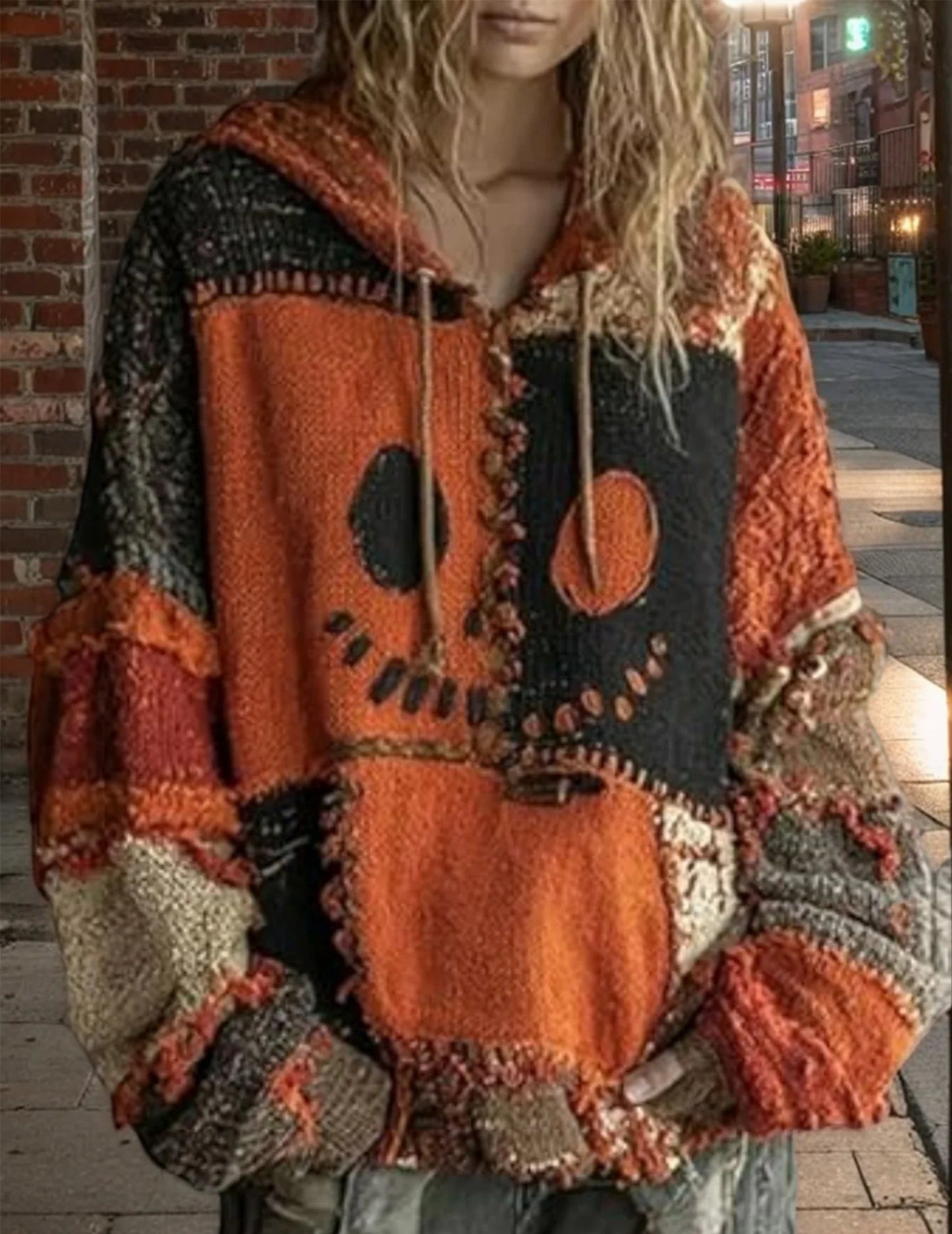 Halloween Spooky Face Hoodie – Printed Patchwork Sweatshirt with Pumpkin & Ghost Design, Warm Loose Fit Pullover for Autumn Parties