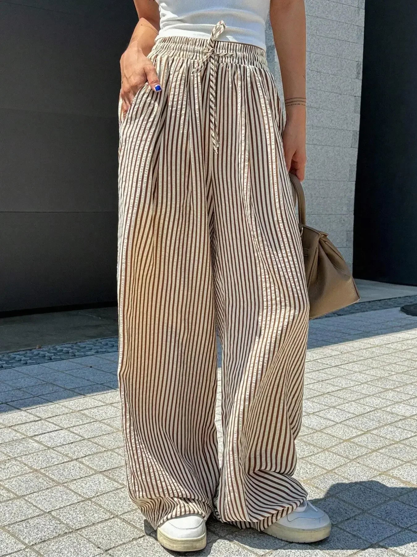 Women's Striped Print Drawstring Waist Wide Leg Pants, Casual Pocket Trousers for Daily Wear, Ladies Bottoms for All Seasons, Womenswear, Summer Clothes Women
