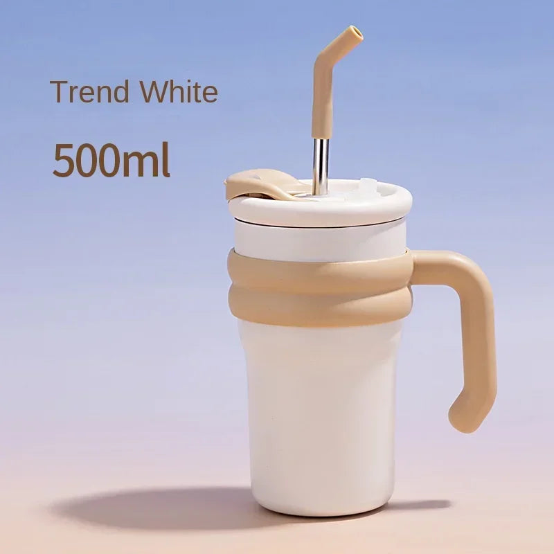 New summer minimalist double-layer anti drop handle cup stainless steel cartoon car cup portable dual drink thermos cup