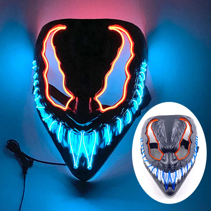 LED Purge Mask – Hand-Painted Neon Light-Up Full Face Mask with Flashing Modes, PVC + EL Wire, for Halloween, Cosplay & Parties