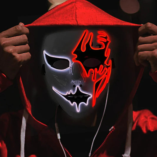 LED Purge Mask – Hand-Painted Neon Light-Up Full Face Mask with Flashing Modes, PVC + EL Wire, for Halloween, Cosplay & Parties