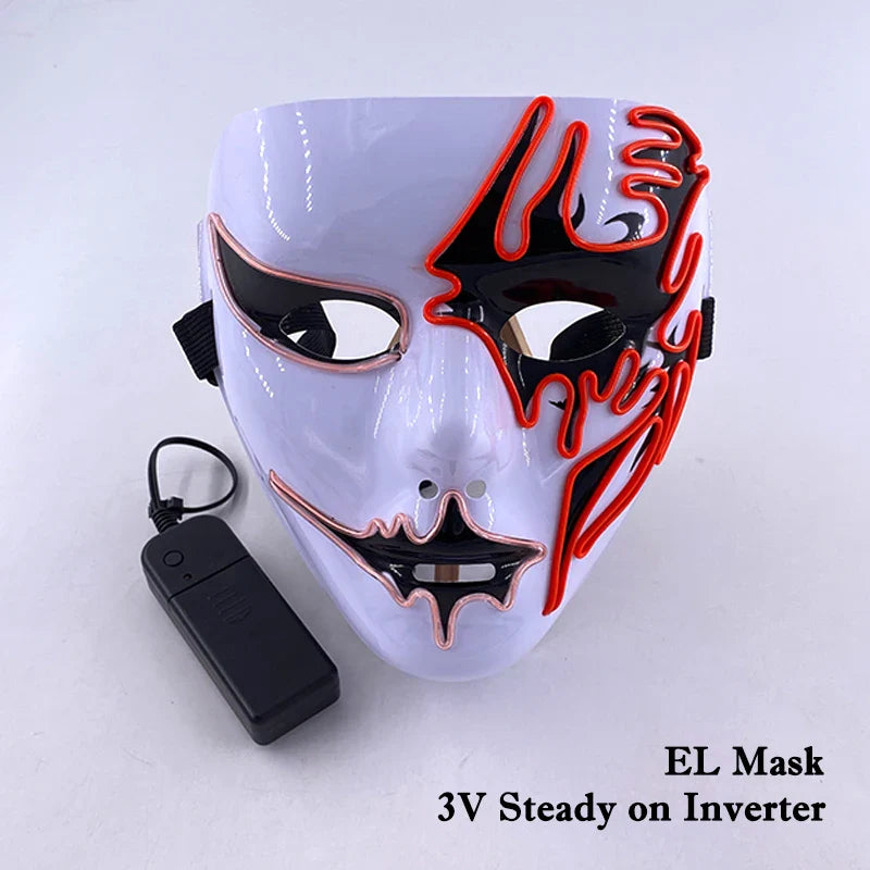 LED Purge Mask – Hand-Painted Neon Light-Up Full Face Mask with Flashing Modes, PVC + EL Wire, for Halloween, Cosplay & Parties