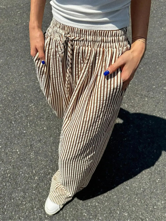 Women's Striped Print Drawstring Waist Wide Leg Pants, Casual Pocket Trousers for Daily Wear, Ladies Bottoms for All Seasons, Womenswear, Summer Clothes Women