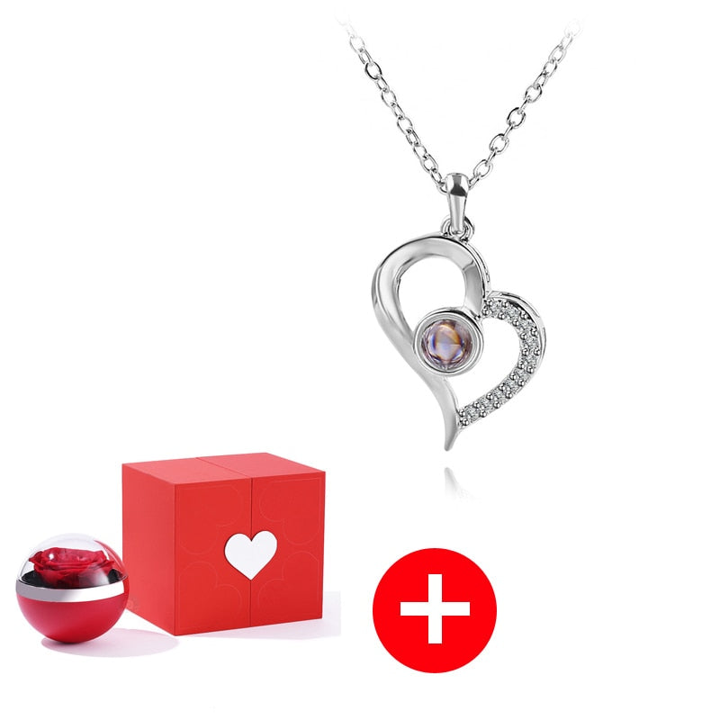 I Love You in 100 Languages Necklaces - With Long Lasting Preserved Rose - To My Love