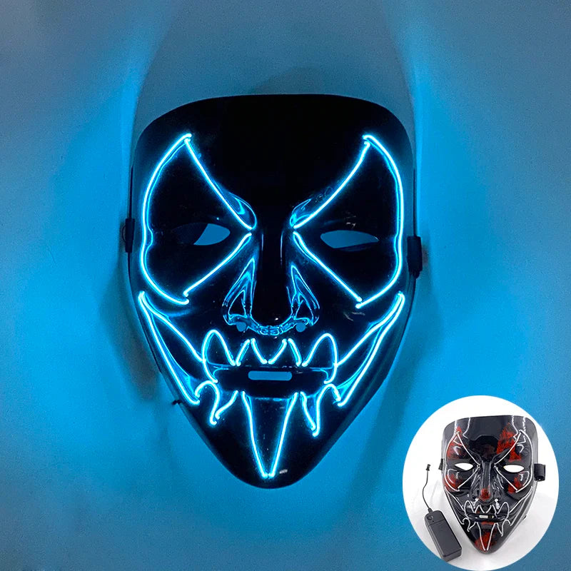LED Purge Mask – Hand-Painted Neon Light-Up Full Face Mask with Flashing Modes, PVC + EL Wire, for Halloween, Cosplay & Parties