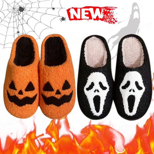 Halloween Pumpkin Ghost Slippers – Unisex Cotton Plush Indoor Shoes, Thick Non-Slip, Lightweight & Warm for Winter Home Wear