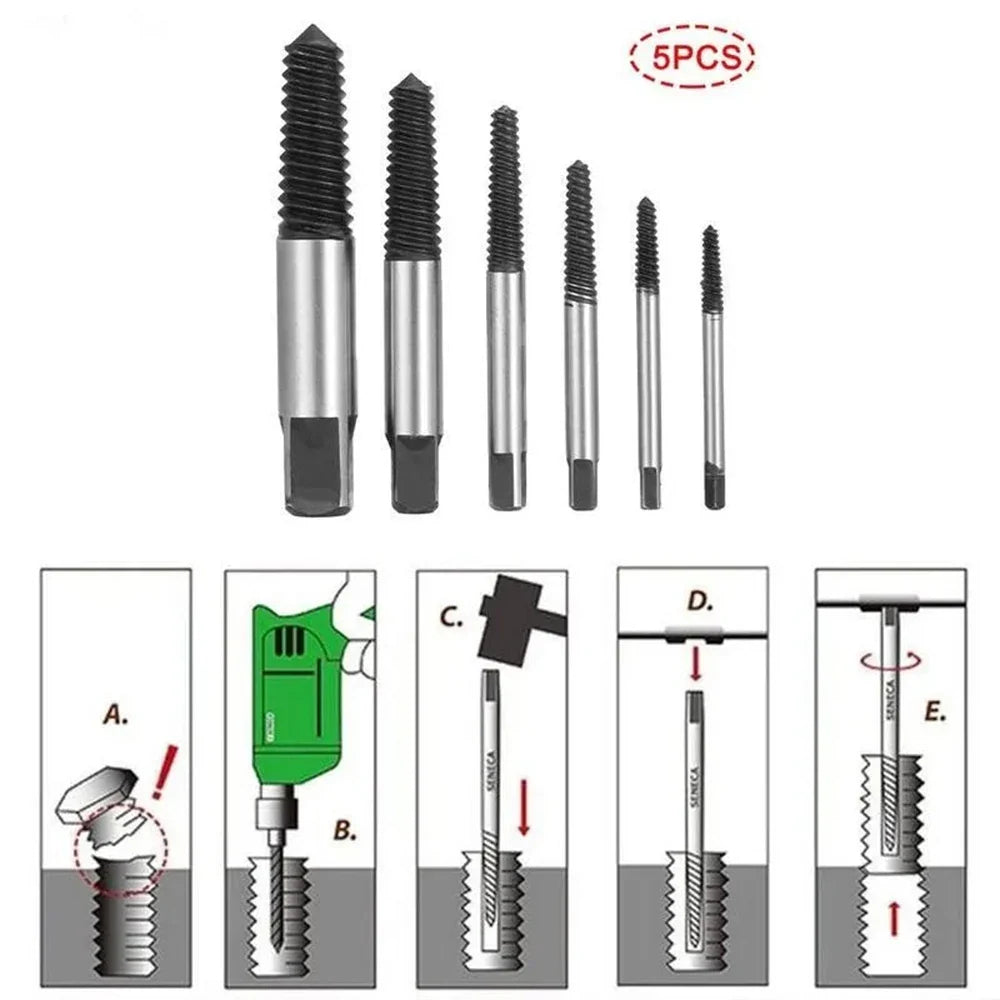 5/6-Piece Damaged Screw Remover Set – Durable Steel Drill Bit Extractors for Stripped, Rusted, or Broken Screws and Bolts