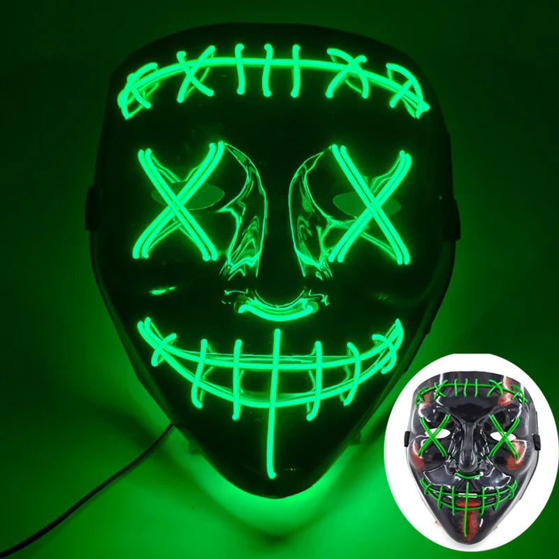 LED Purge Mask – Hand-Painted Neon Light-Up Full Face Mask with Flashing Modes, PVC + EL Wire, for Halloween, Cosplay & Parties