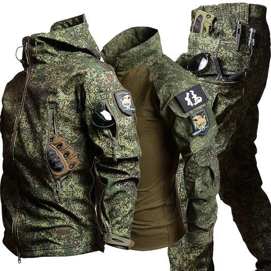 Men's Military Tactical Uniform Set - Hooded Soft Shell Hunting Jacket with Breathable Long Sleeve Shirt and Multi-Pocket Cargo Pants - Unisex