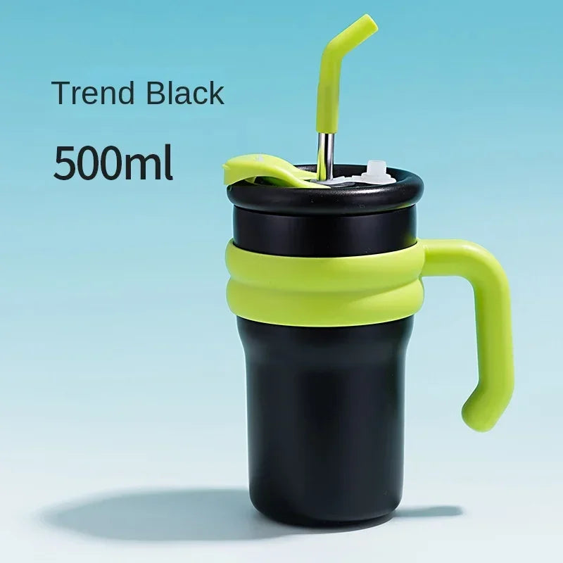 New summer minimalist double-layer anti drop handle cup stainless steel cartoon car cup portable dual drink thermos cup