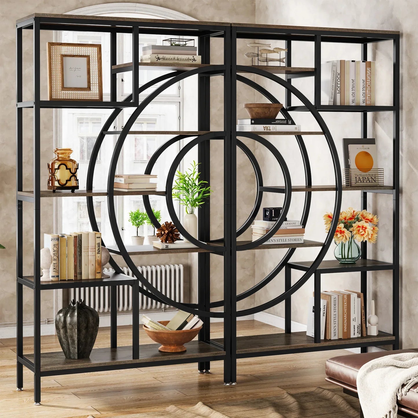 8-Tier Rustic Geometric Bookcase with Metal Frame