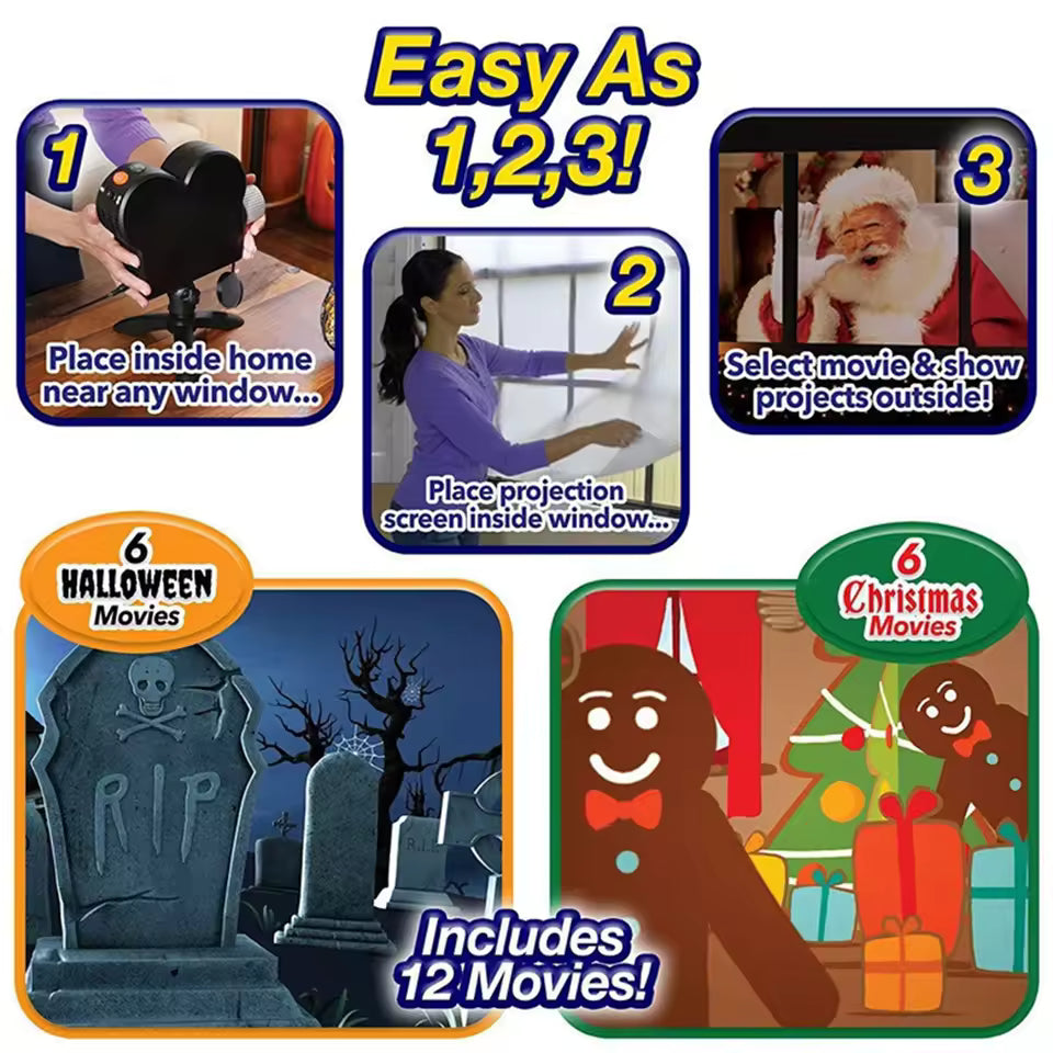Halloween Holographic Projector – Deluxe Window Projection Kit with 12 Scary & Christmas Videos, Tripod, Audio Output & Screen