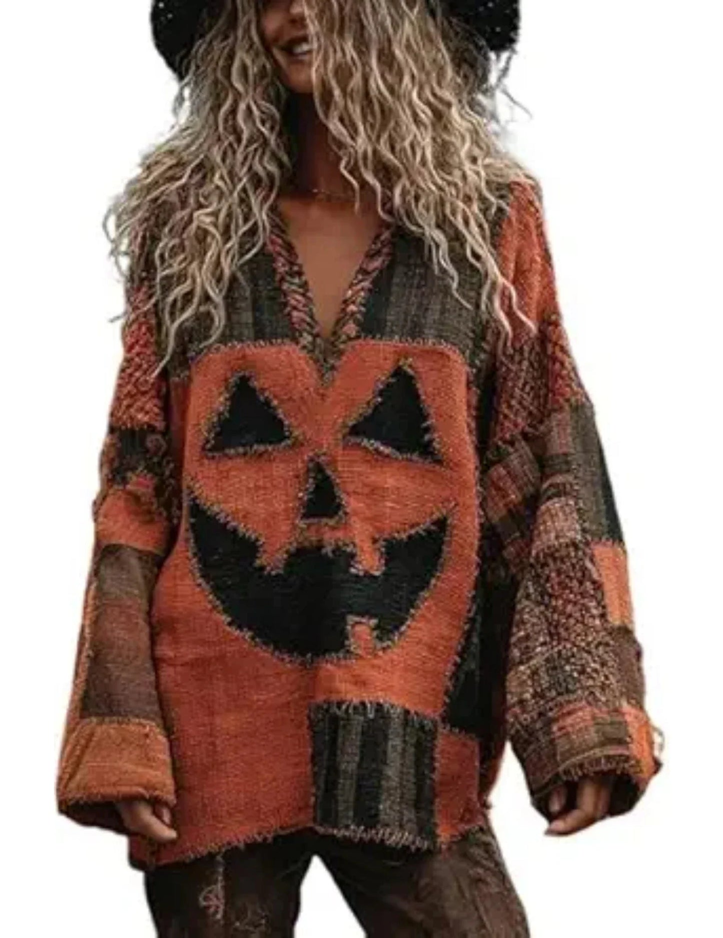 Halloween Spooky Face Hoodie – Printed Patchwork Sweatshirt with Pumpkin & Ghost Design, Warm Loose Fit Pullover for Autumn Parties