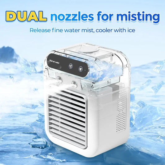 Mini Portable Air Cooler & Humidifier – USB Rechargeable, 2-Speed Fan, 500ml Water Tank – for Home & Office