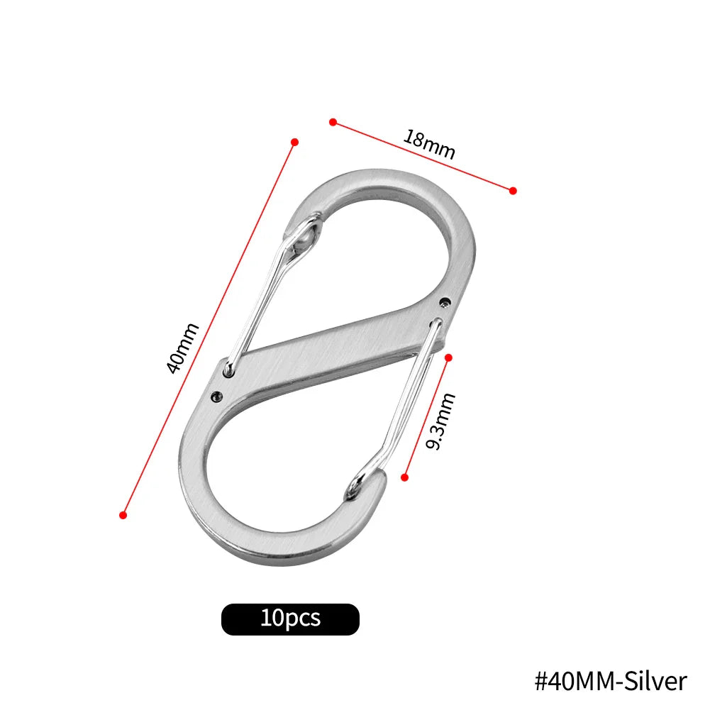 10pcs Stainless Steel S Type Carabiner with Lock Mini Keychain Hook Anti-Theft Outdoor Camping Backpack Buckle Key-Lock Tool