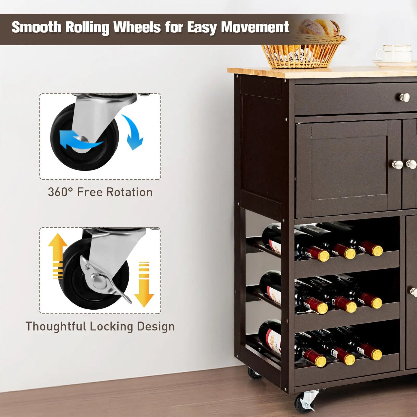 3-Tier Rolling Kitchen Trolley with Wine Rack