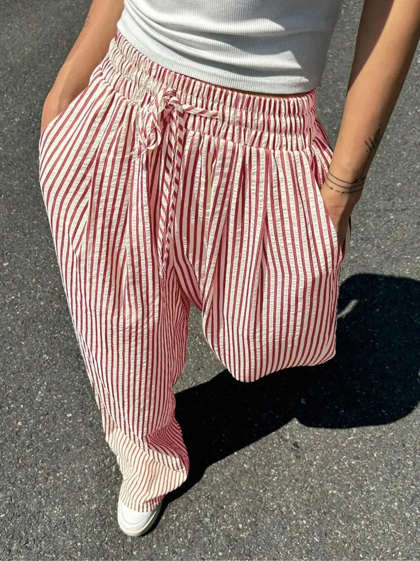 Women's Striped Print Drawstring Waist Wide Leg Pants, Casual Pocket Trousers for Daily Wear, Ladies Bottoms for All Seasons, Womenswear, Summer Clothes Women