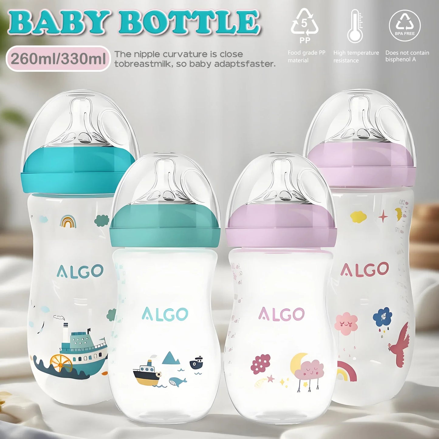 260ml Anti-Colic Baby Bottle – Curved Design, High Heat Resistance, Leakproof, BPA-Free, for 0–6 Months