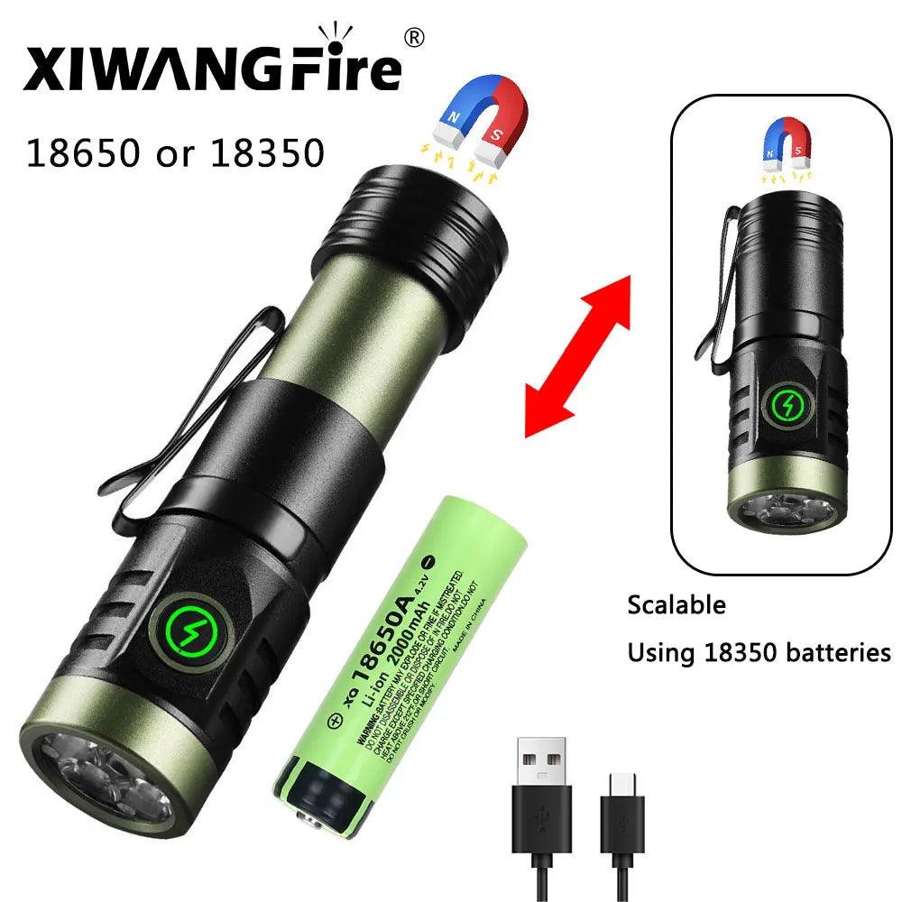 USB Rechargeable LED Flashlight With Magnet for Hiking Camping