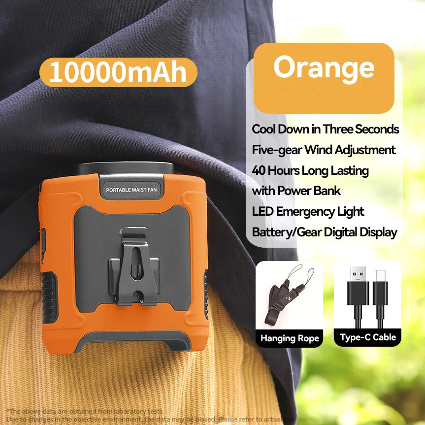 Portable Waist Fan 20000mAh – 3-in-1 Cooling Fan, Power Bank & Flashlight, LED Display, Turbo Airflow, Type-C Rechargeable