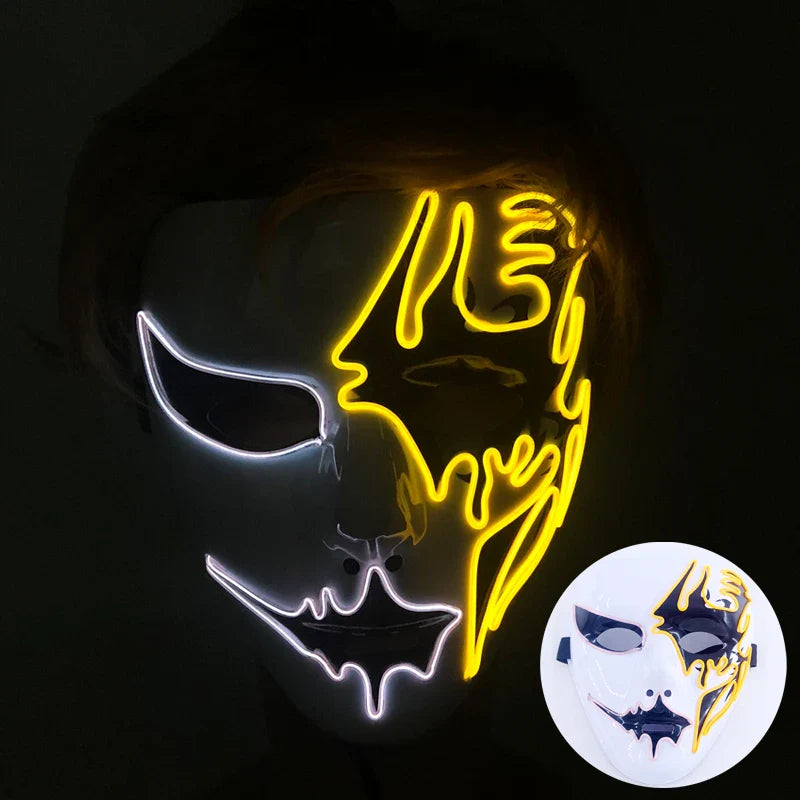 LED Purge Mask – Hand-Painted Neon Light-Up Full Face Mask with Flashing Modes, PVC + EL Wire, for Halloween, Cosplay & Parties