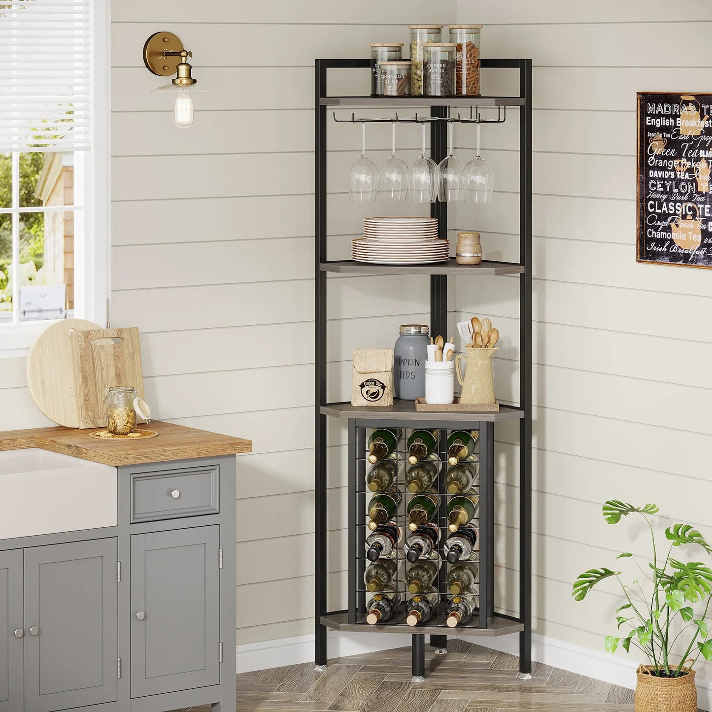 4-Tier Corner Wine Rack with Glass Holder and Storage Shelves