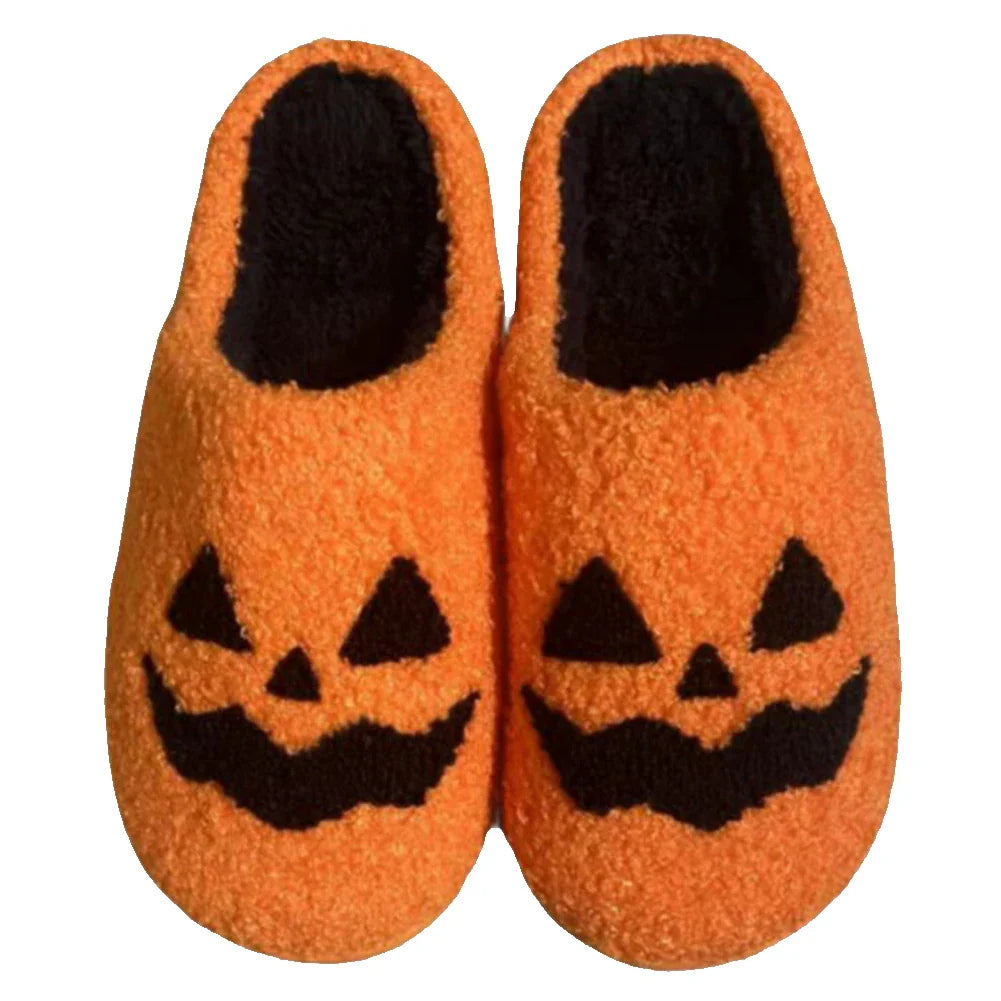 Halloween Pumpkin Ghost Slippers – Unisex Cotton Plush Indoor Shoes, Thick Non-Slip, Lightweight & Warm for Winter Home Wear