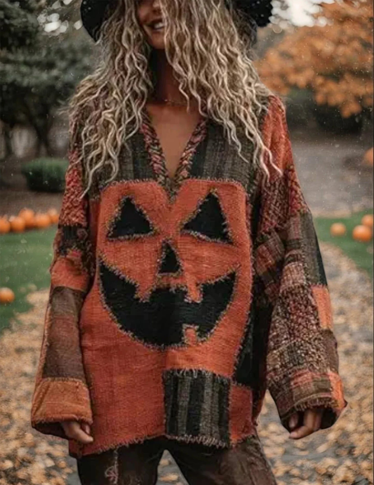 Halloween Spooky Face Hoodie – Printed Patchwork Sweatshirt with Pumpkin & Ghost Design, Warm Loose Fit Pullover for Autumn Parties