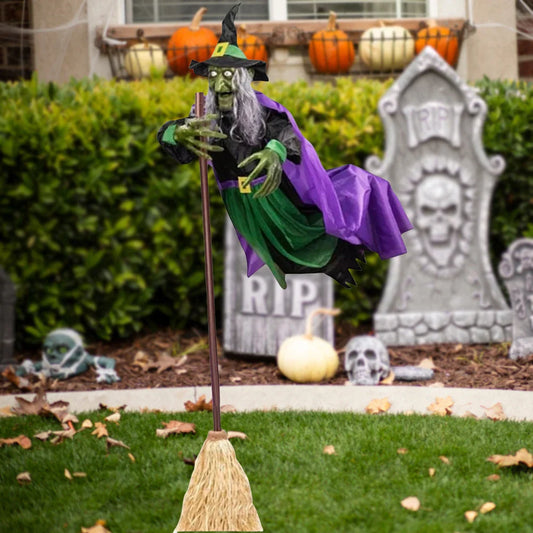 Halloween Flying Witch on Broom – 6ft -180 CM Animated Outdoor Witch Decoration with Luminous Eyes, Hovering Effect, Weatherproof Design
