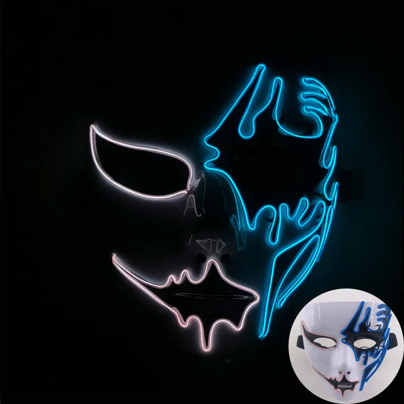 LED Purge Mask – Hand-Painted Neon Light-Up Full Face Mask with Flashing Modes, PVC + EL Wire, for Halloween, Cosplay & Parties