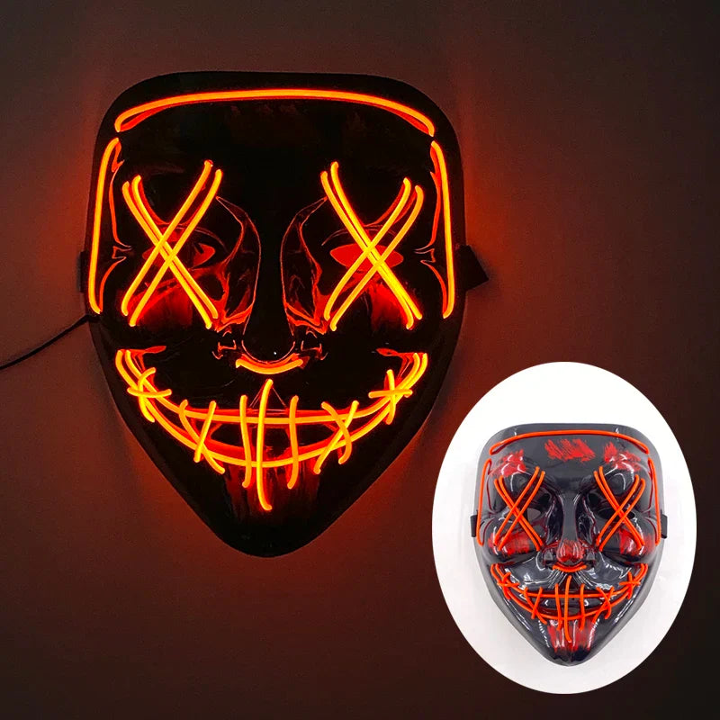 LED Purge Mask – Hand-Painted Neon Light-Up Full Face Mask with Flashing Modes, PVC + EL Wire, for Halloween, Cosplay & Parties