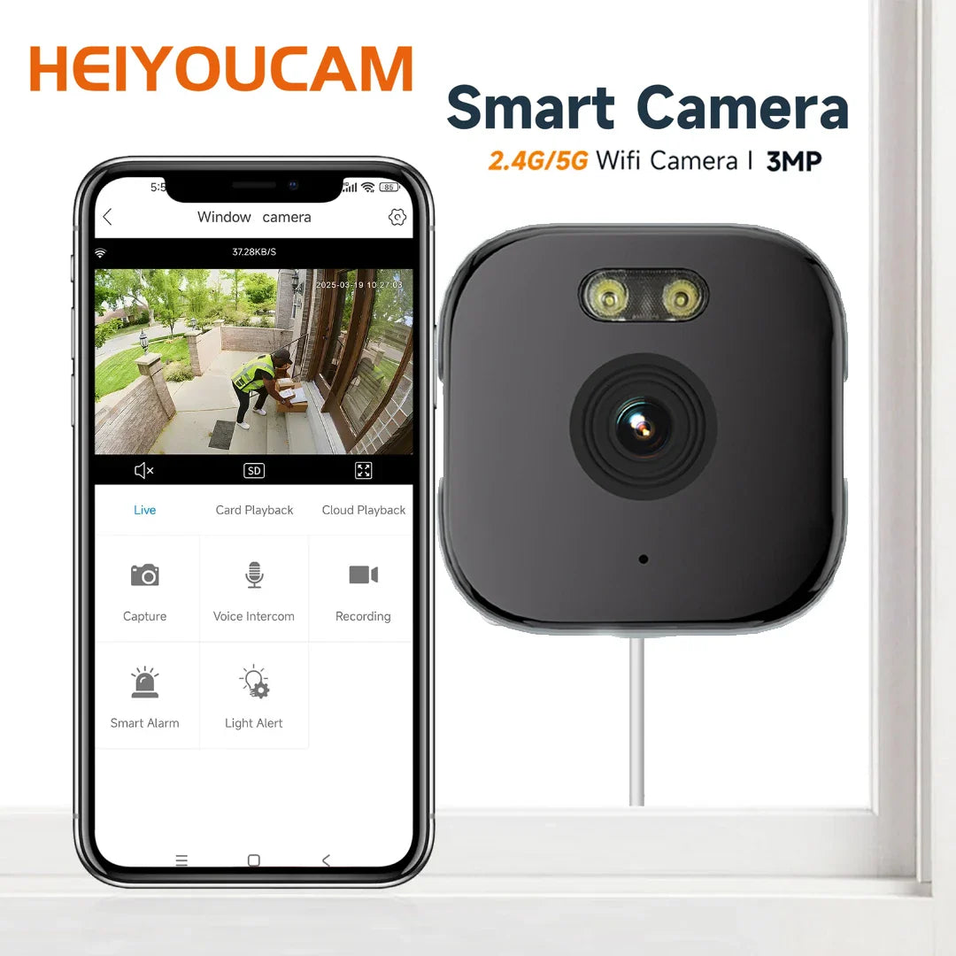 Window Security Camera 3MP 2K, Dual-Band WiFi (2.4GHz & 5GHz), Color Night Vision, AI Motion Detection, Indoor Glass Mount – 2-Pack
