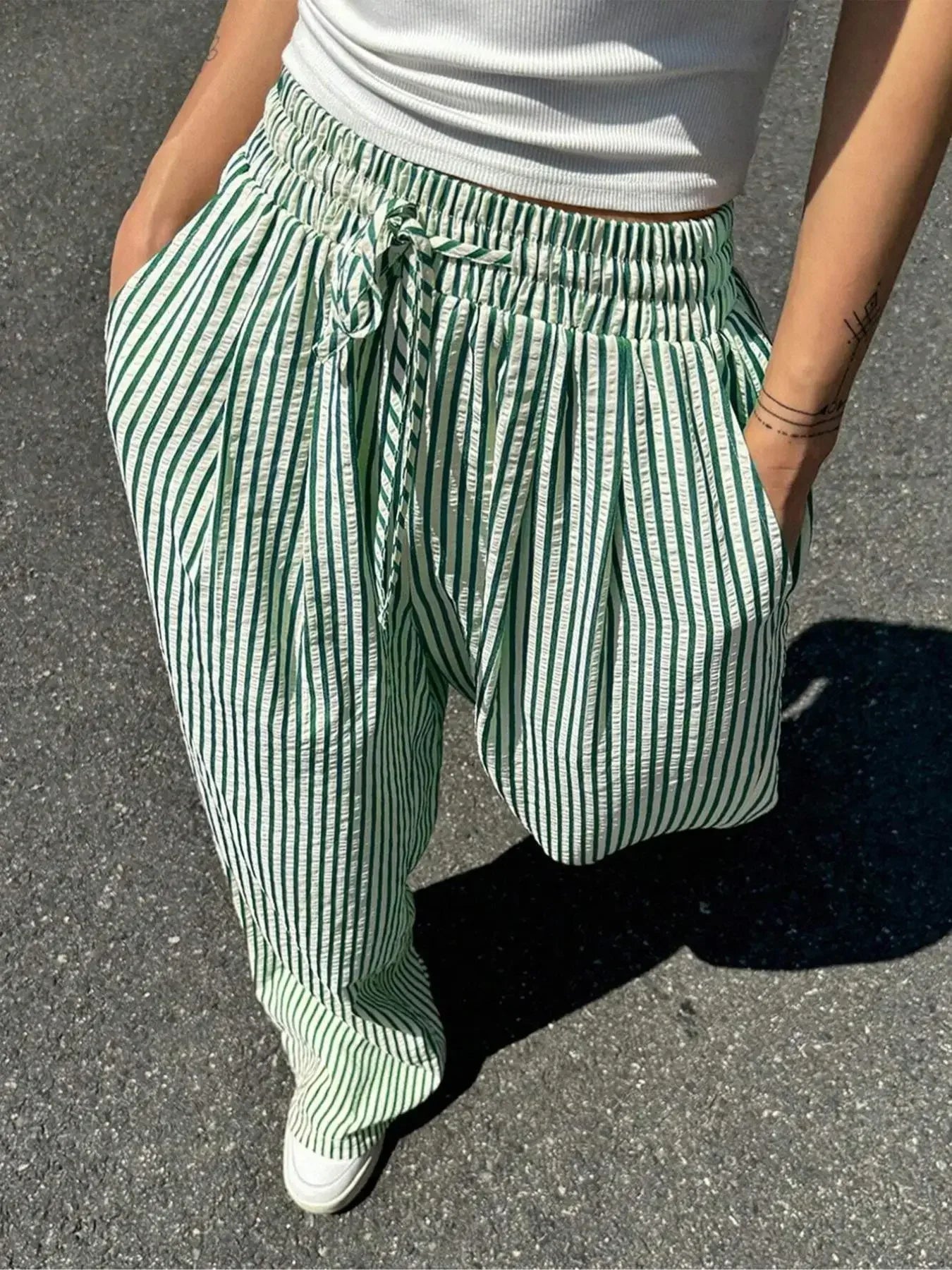 Women's Striped Print Drawstring Waist Wide Leg Pants, Casual Pocket Trousers for Daily Wear, Ladies Bottoms for All Seasons, Womenswear, Summer Clothes Women
