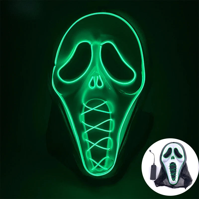 LED Purge Mask – Hand-Painted Neon Light-Up Full Face Mask with Flashing Modes, PVC + EL Wire, for Halloween, Cosplay & Parties