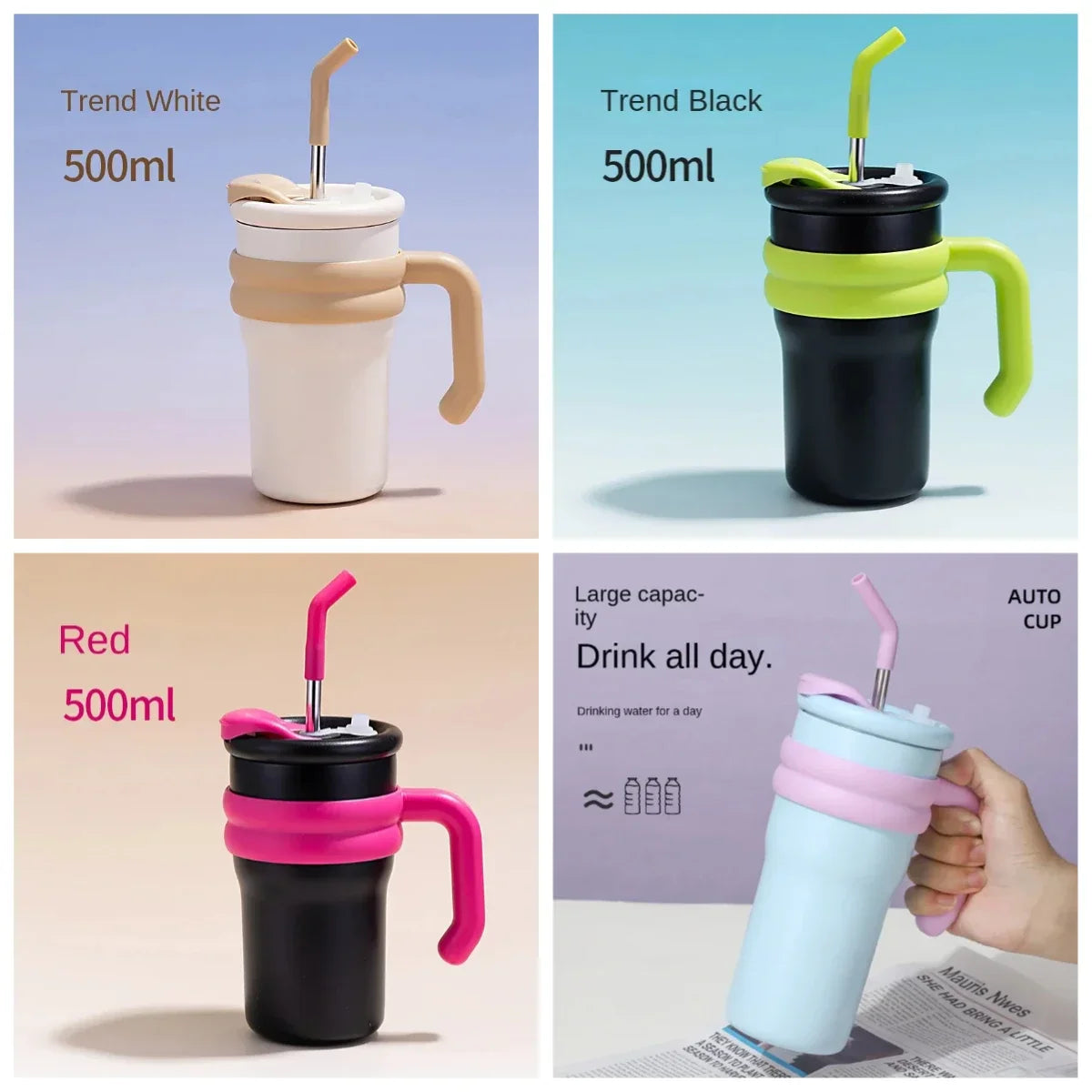 New summer minimalist double-layer anti drop handle cup stainless steel cartoon car cup portable dual drink thermos cup