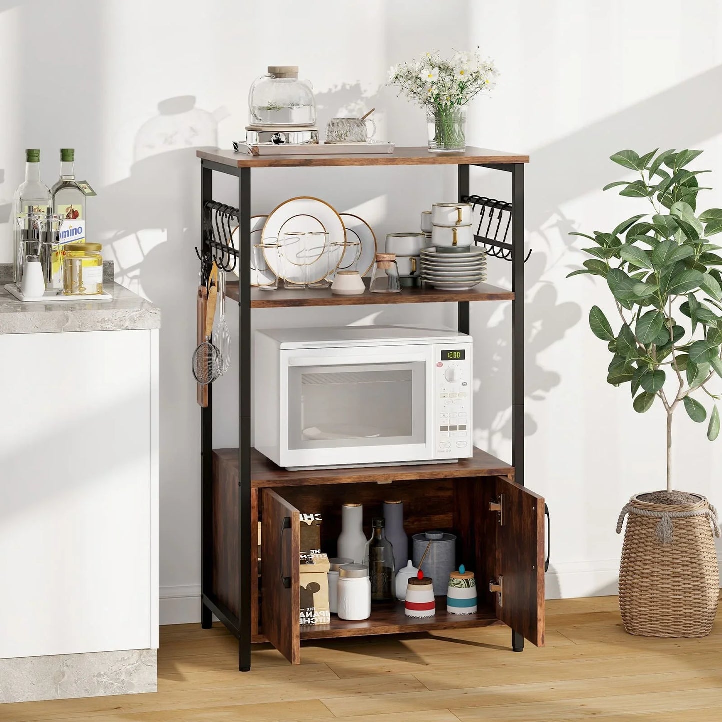 3-Tier Industrial Kitchen Bakers Rack with Cabinet