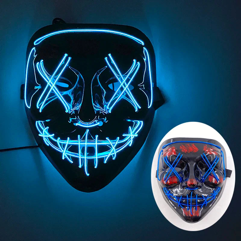 LED Purge Mask – Hand-Painted Neon Light-Up Full Face Mask with Flashing Modes, PVC + EL Wire, for Halloween, Cosplay & Parties