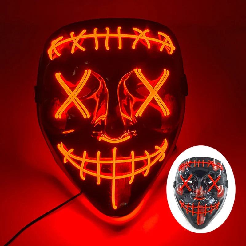 LED Purge Mask – Hand-Painted Neon Light-Up Full Face Mask with Flashing Modes, PVC + EL Wire, for Halloween, Cosplay & Parties