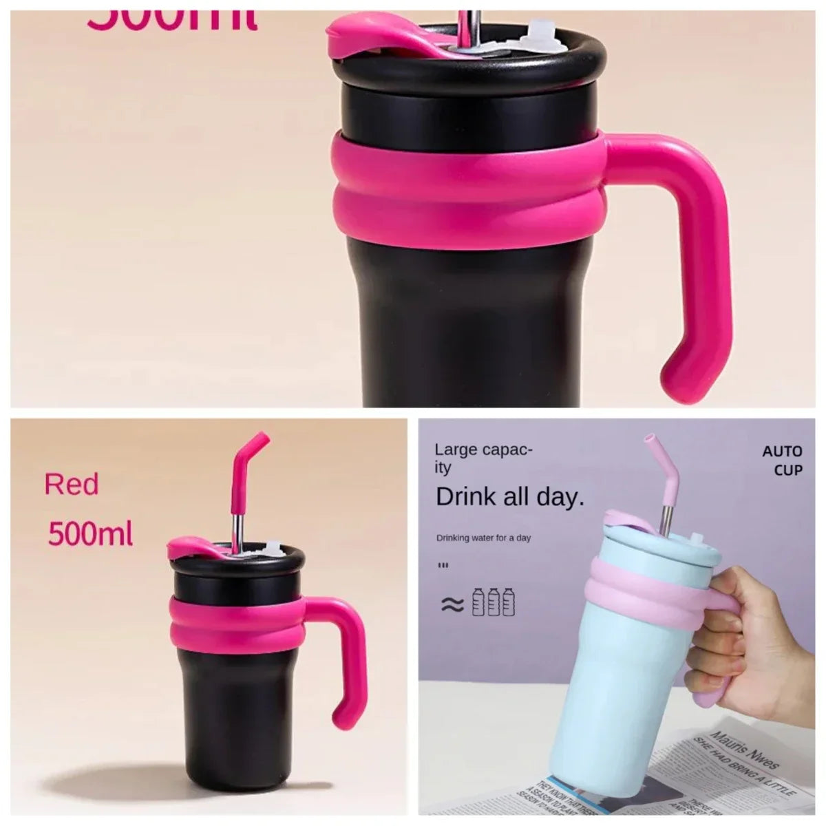 New summer minimalist double-layer anti drop handle cup stainless steel cartoon car cup portable dual drink thermos cup