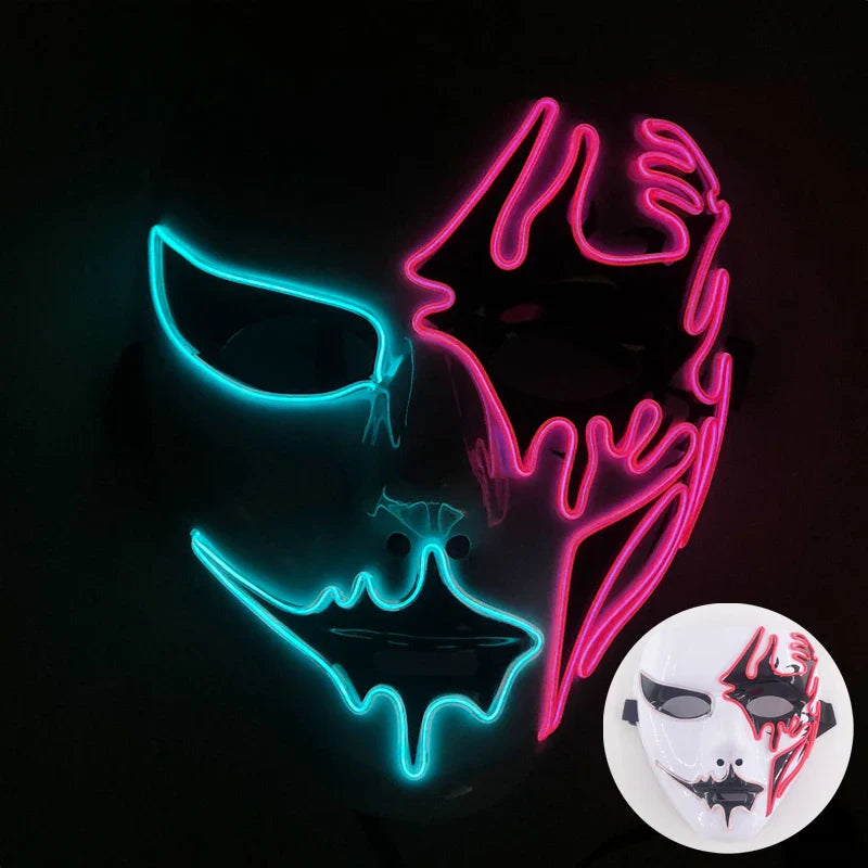 LED Purge Mask – Hand-Painted Neon Light-Up Full Face Mask with Flashing Modes, PVC + EL Wire, for Halloween, Cosplay & Parties