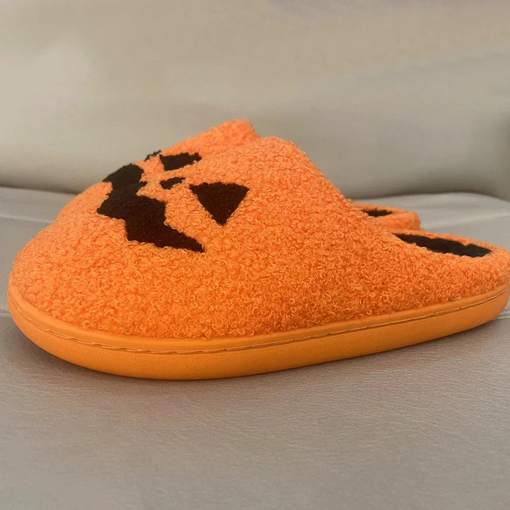 Halloween Pumpkin Ghost Slippers – Unisex Cotton Plush Indoor Shoes, Thick Non-Slip, Lightweight & Warm for Winter Home Wear
