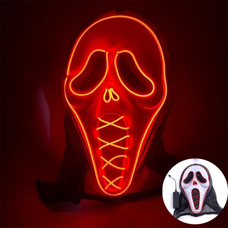 LED Purge Mask – Hand-Painted Neon Light-Up Full Face Mask with Flashing Modes, PVC + EL Wire, for Halloween, Cosplay & Parties