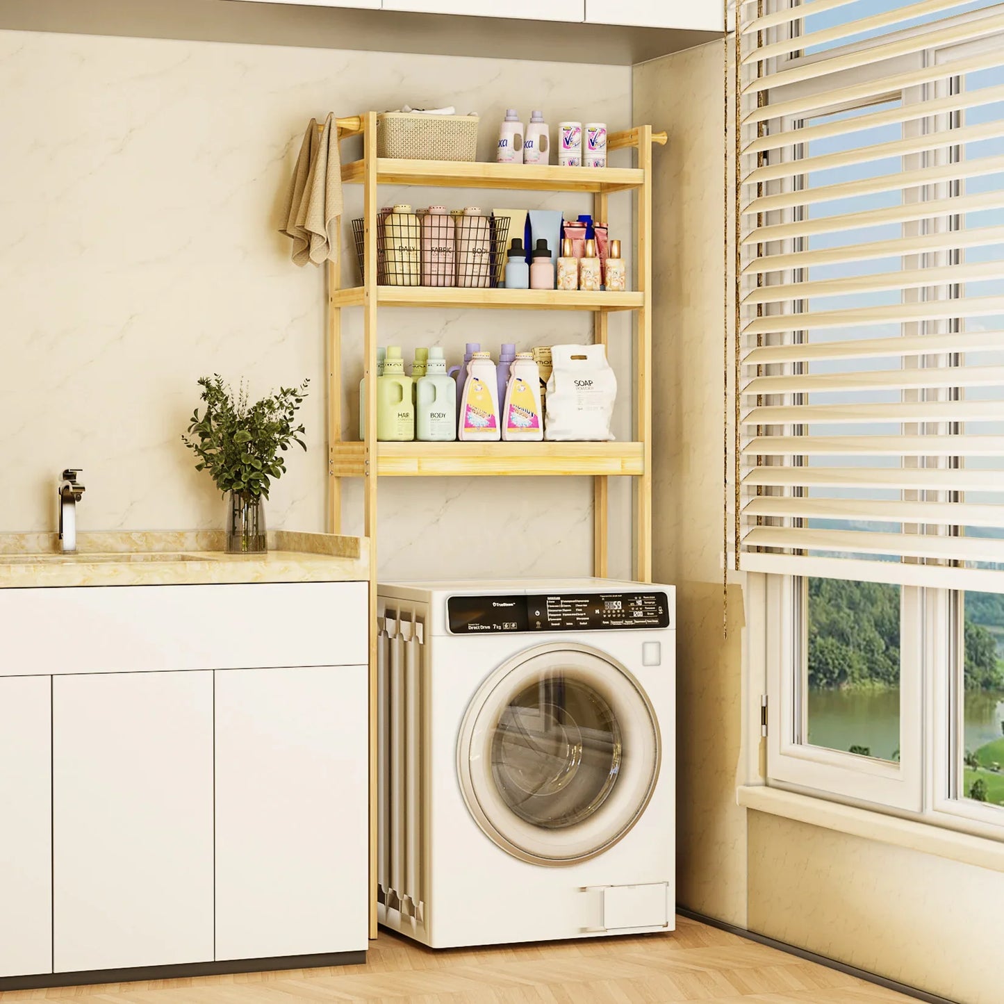 Bamboo Bathroom Finishing Rack with Adjustable Shelves