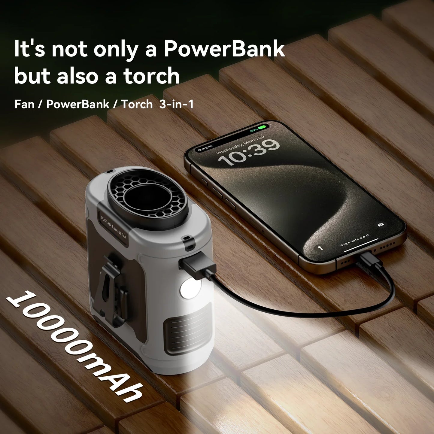 Portable Waist Fan 20000mAh – 3-in-1 Cooling Fan, Power Bank & Flashlight, LED Display, Turbo Airflow, Type-C Rechargeable