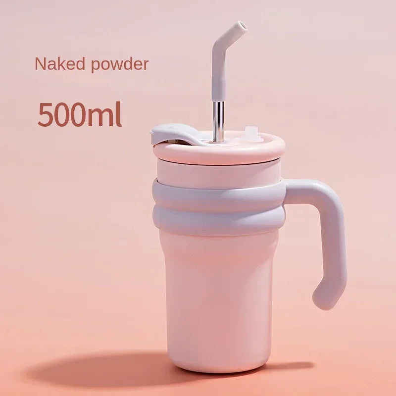 New summer minimalist double-layer anti drop handle cup stainless steel cartoon car cup portable dual drink thermos cup