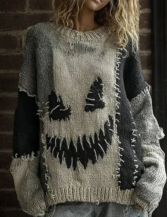 Halloween Spooky Face Hoodie – Printed Patchwork Sweatshirt with Pumpkin & Ghost Design, Warm Loose Fit Pullover for Autumn Parties